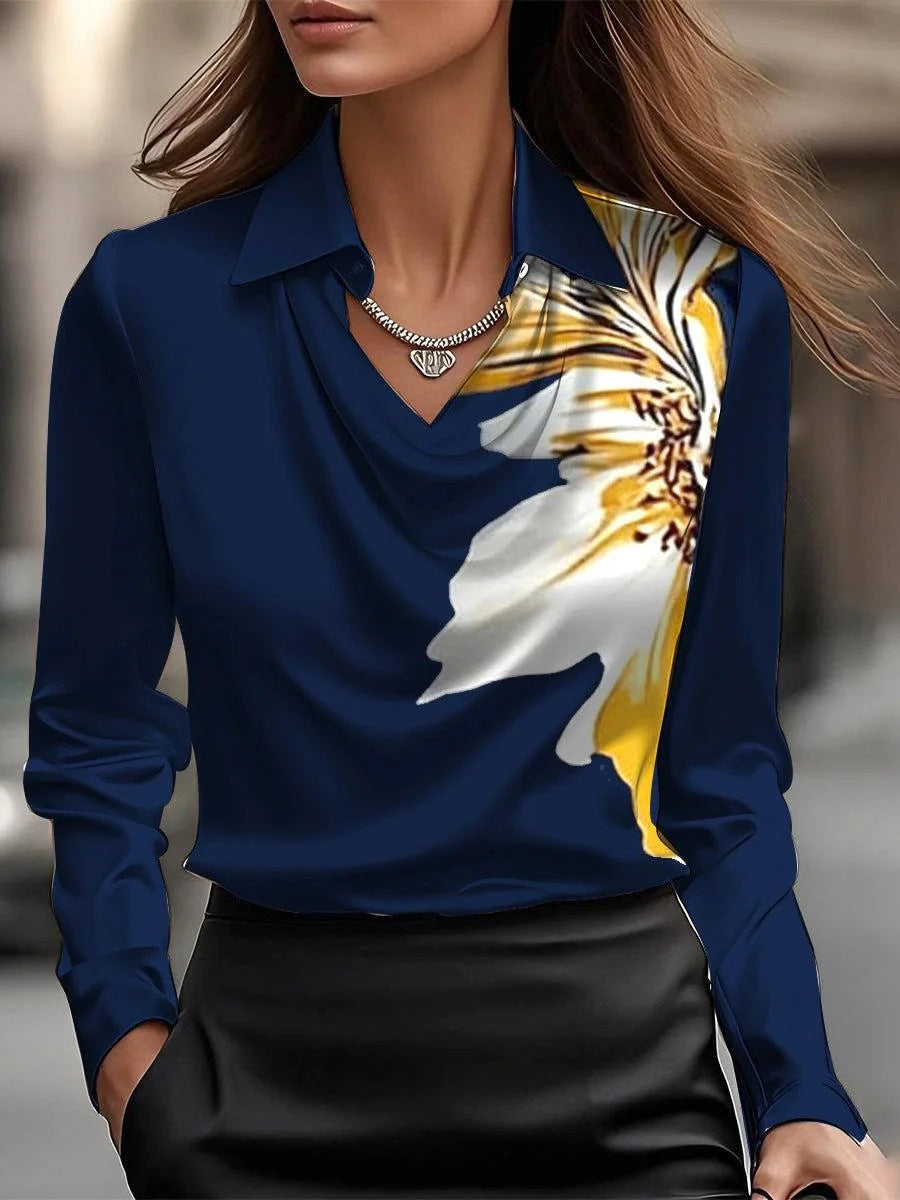 Solid Satin Floral Print Simple Swing Collar Shirt Top