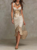 Beige Bohemian Lace Trim Ruched Midi Dress
