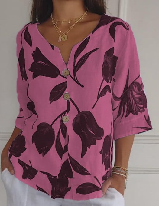 Printed Linen-Cotton V-Neck Pullover Shirt