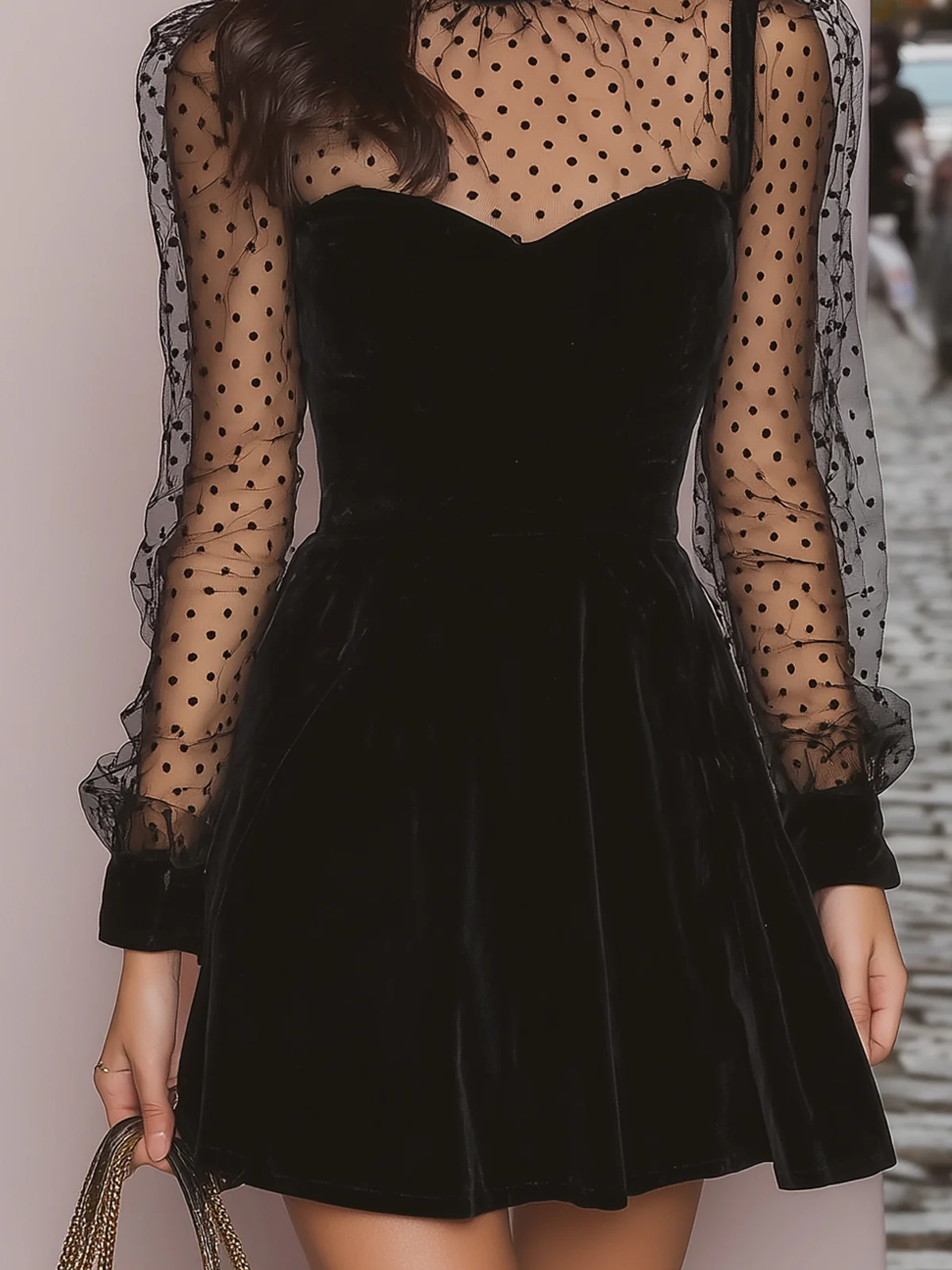 Black Velvet Polka Dot Sheer Sleeve Mini Dress