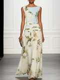 Blue And White Floral Ruffled Boat Neck Sleeveless Maxi Dress