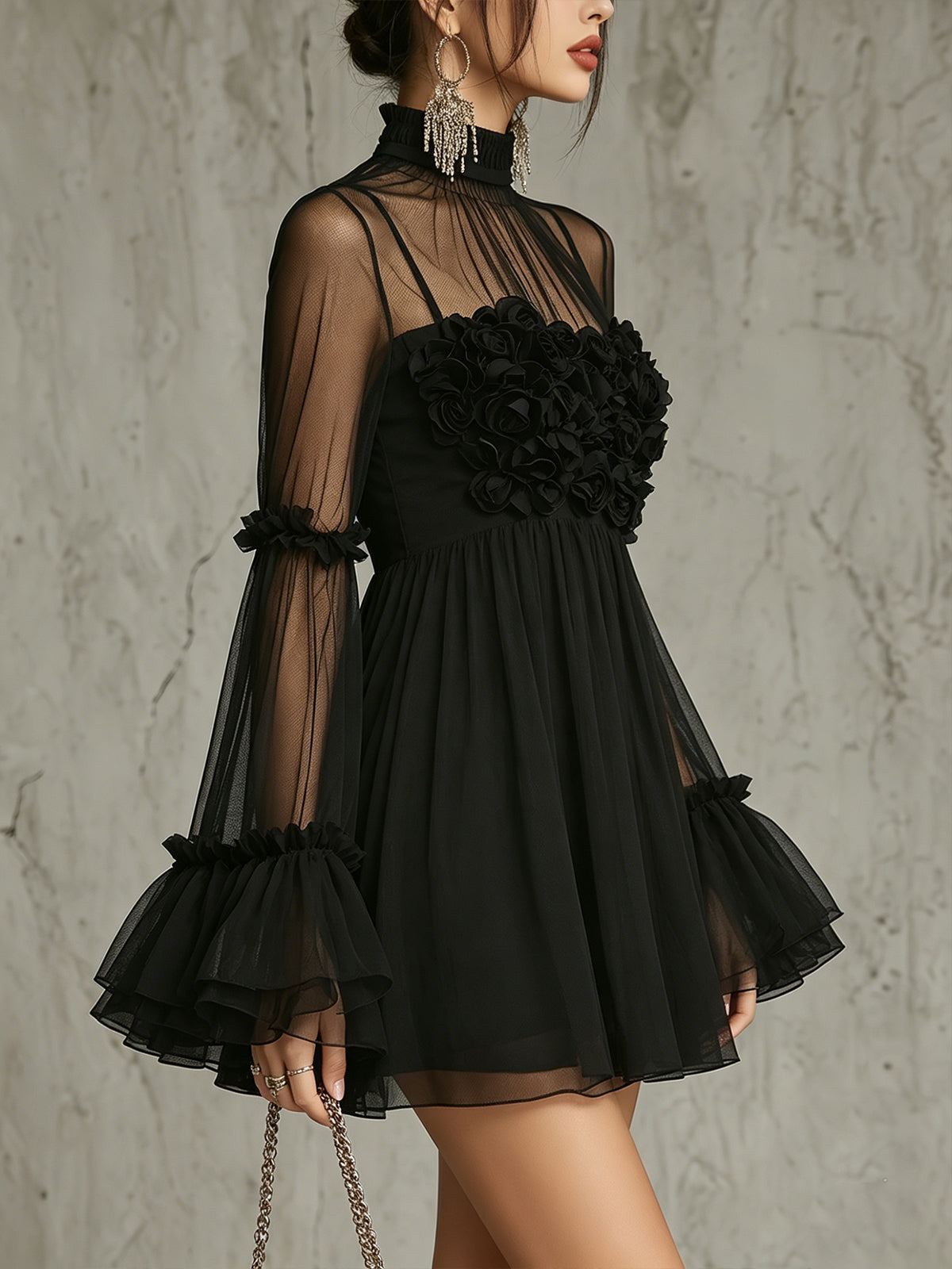 Black Sheer Floral Appliqué High Neck Pleated Chiffon Mini Dress