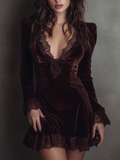 Burgundy Velvet Lace-trimmed V-neck Mini Dress