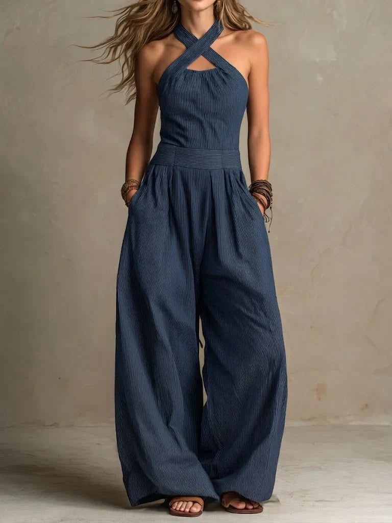 Bianca - Tuta jumpsuit grigia con scollo incrociato dal taglio sofisticato